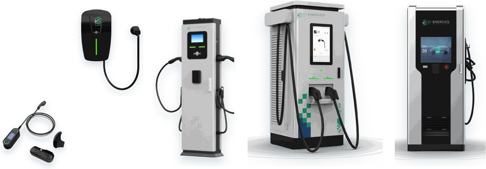 Gamma di caricatori BK Energies 2026: portatile, domestico, colonnina AC, caricatore rapido DC e Storage Flow