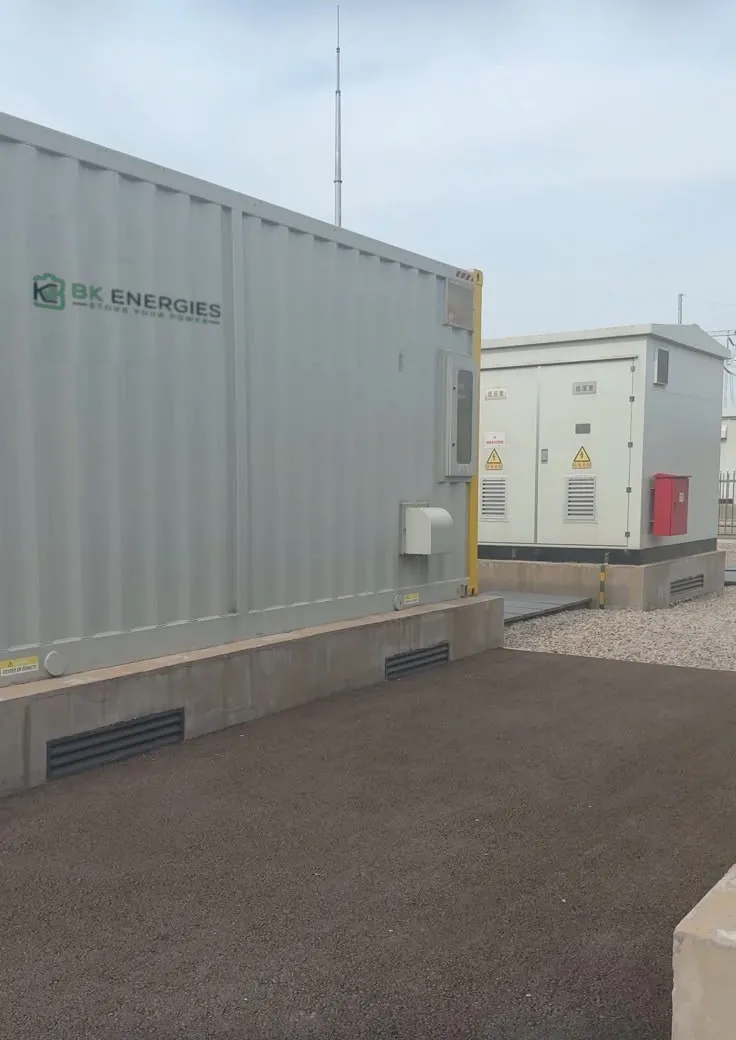 Side of a BK Energies battery container at the Lianyungang plant, with a transformer station in the background