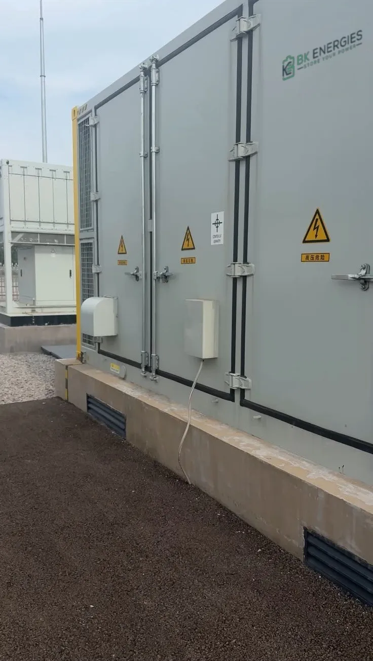 Access doors of a BK Energies battery container with high-voltage signage