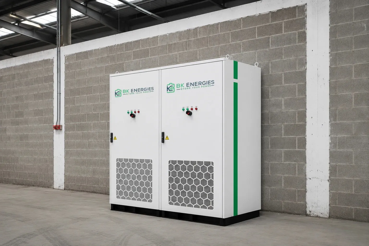 Dwie szafy bateryjne BK Energies 215 kWh przy ścianie z bloczków hali przemysłowej w Kraju Basków